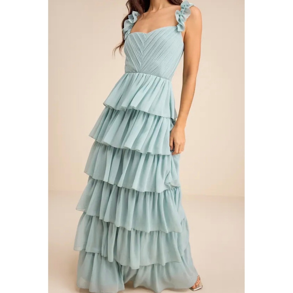 Lulus Alba Light Blue Ruffled Tiered Maxi Dress Wedding Small NWT 2858